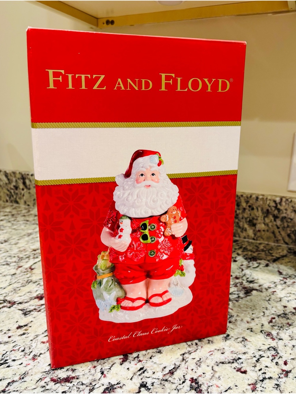 Fitz and Floyd Red Santa Cookie Jar with White Beard and Green Accents